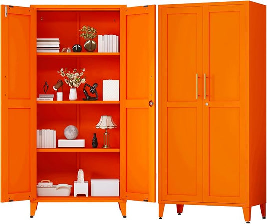 61" Tall Farmhouse Metal Storage Cabinet, Kitchen Pantry Storage Cabinets with 2 Barn Door and 3 Adjustable Shelves, for Home, Office, Kitchen, Laundry Room, Kids Room, Entryway, Orange