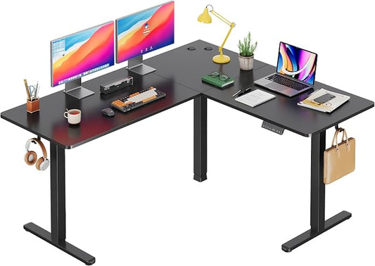 DEVAISE 63 Inch L Shaped Electric Standing Desk, 3 Adjustable Computer Desk for Home Office, Ergonomic Sit to Stand Desk with LED Touchscreen，Headphone Hook, 3 Memory Preset, with Split Top, Maple