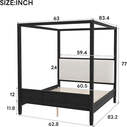 Merax King Size Canopy Bed with Upholstered Headboard, Wooden Platform Bed Frame with 4-Posters, Solid Wood Slat Support, No Box Spring Needed
