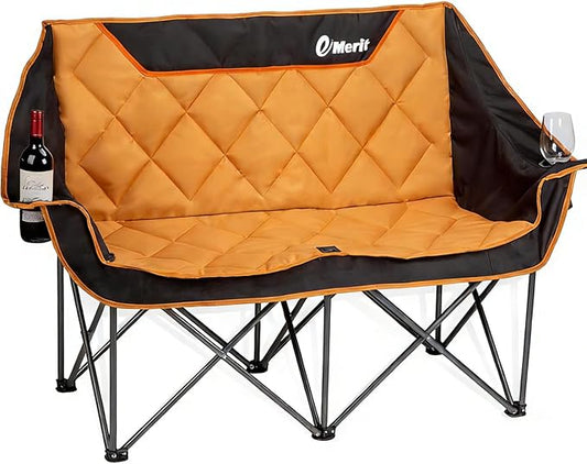 EMERIT Oversized Double Duo Camping Chair Folding Camping Loveseat 2 Person Camping Couch Heavy Duty Lawn Chairs for Outside with Padded Seats & Armrests-Support 650LBS | Heavy Duty 650LB