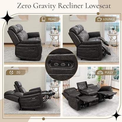 Zero Gravity Power Reclining Sofa with Adjustable Headrest, Electric Reclining Couch with USB & Type-C Ports, Power Loveseat Recliner Sofa for Living Room (Charcoal, 3 Seater Sofa)