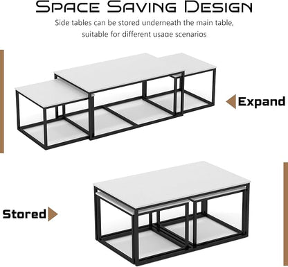 Nesting Coffee Tables,3 Piece Living Room Coffee Table,Industrial Rectangular Coffee Table Set,End Table Side Tables for Living Room Bedroom(White)