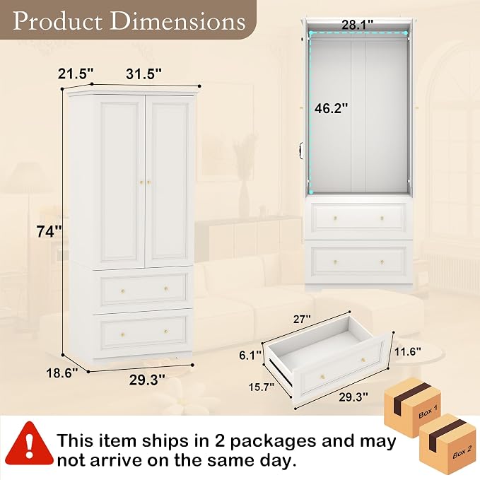 Armoire Wardrobe Closet with Drawers: 74" White Wardrobe Closet with 2 Doors, Tall Bedroom Armoires for Clothes, Wood Closets Cabinet for Hanging Clothes (31.5")