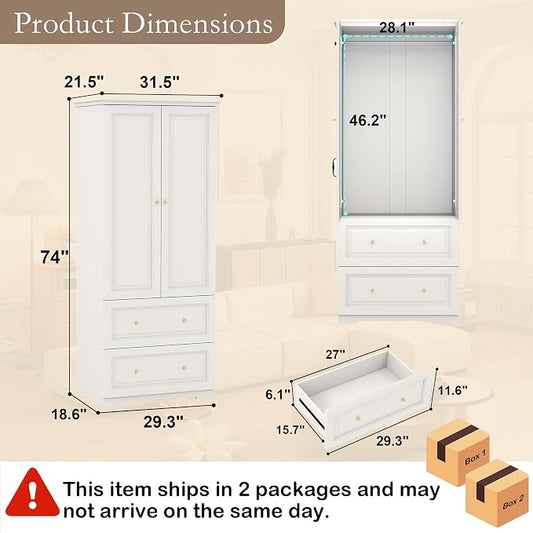 Armoire Wardrobe Closet with Drawers: 74" White Wardrobe Closet with 2 Doors, Tall Bedroom Armoires for Clothes, Wood Closets Cabinet for Hanging Clothes (31.5")