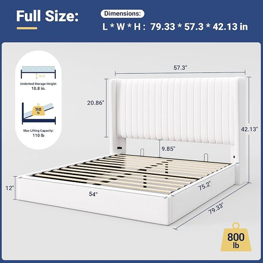 Allewie Full Size Lift Up Storage Bed Frame, Hydraulic Support System, Upholstered Platform Bed Frame, Underneath Storage, Vertical Channel Tufted Headboard with Wingback, No Box Spring Needed, White