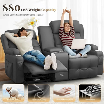 Reclining Loveseat, Massage Loveseat Recliner Sofa Heavy Weight Capacity, RV Love Seat Chair Clearance with Console, USB, Type C Port, Storage, Cup Holders, Wall Hugger Couch for Living Room