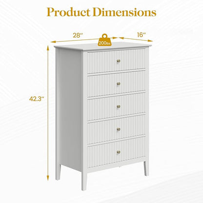RoyalCraft White Fluted 5 Drawer Dresser for Bedroom, Tall Chest of Drawers, Waterproof Lacquered Desktop,Modern Wood Storage Cabinet for Living Room
