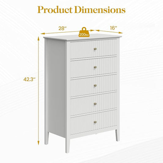 RoyalCraft White Fluted 5 Drawer Dresser for Bedroom, Tall Chest of Drawers, Waterproof Lacquered Desktop,Modern Wood Storage Cabinet for Living Room