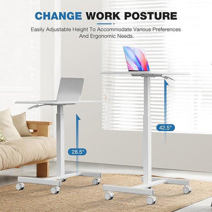 OLIXIS Mobile Rolling Desk with Wheels Small Standing Laptop Desks Portable Pneumatic Adjustable Height Sit Stand Table Computer Workstation for Home Office White