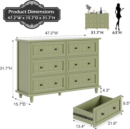 Antique Bedroom Set, 6 Drawer Dresser with Nightstands Set of 2 (Green) | Vintage Style, Paint, with Drawers, Large Storage
