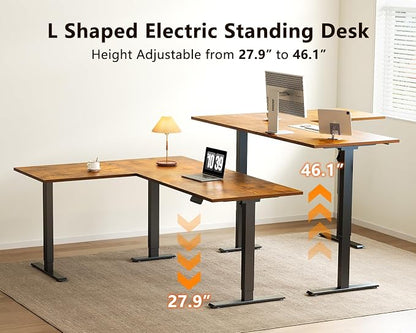 Casaottima 63 Inch Reversible L Shaped Electric Standing Desk, Ergonomic Height Adjustable Desk, Large Lift Corner Stand up Table for Workstation, Home Office, Reception Room, Rustic Brown