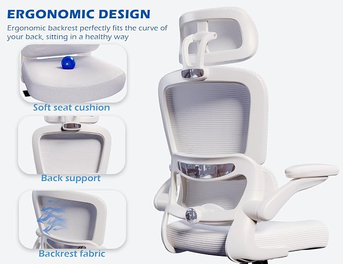 TRALT Ergonomic Office Chair - Desk Chair with Adjustable Headrest Lumbar Support Computer Chair - Mesh Comfy Chair with Flip-up Armrests - Gaming Chairs for Adults Home Office (Leather, White)