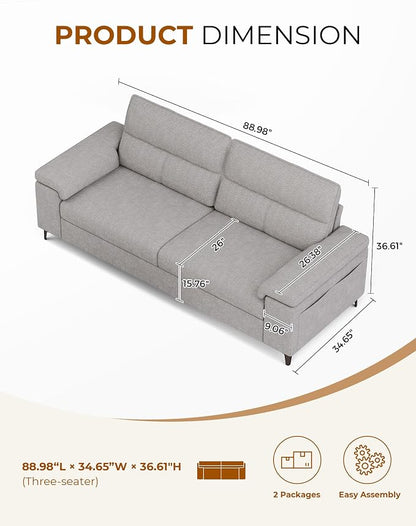 Upvilla 88.97" Modern Sofa Couches for Living Room, Deep Seat Sofas with 8”Cushion, Comfy 2-Seater Chenille Loveseat with Convertible Armrest, Removable Sofa Cover, High Leg(Light Gray)