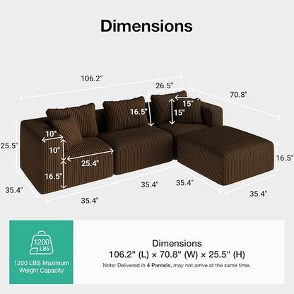 Novilla 106" Modular Sectional Sofa, Modern Cloud Sectional Couch with Smarts Coil® Support, L-Shape Boneless Couch for Living Room Apartments, No Assembly Required, Brown (3 Seat w/ 1 Ottoman)