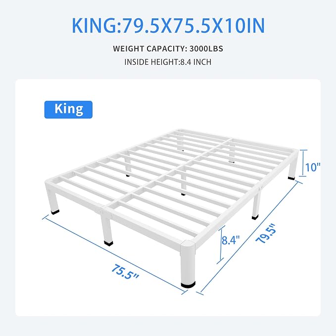 MAF 10 Inch King Size Bed Frame White with Round Corner Legs Mattress Slide Stopper No Box Spring Needed Heavy Duty Metal Platform Bed Frames Under-Bed Storage Space, 3000 LBS Steel Slats Support