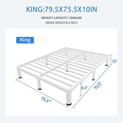 MAF 10 Inch King Size Bed Frame White with Round Corner Legs Mattress Slide Stopper No Box Spring Needed Heavy Duty Metal Platform Bed Frames Under-Bed Storage Space, 3000 LBS Steel Slats Support