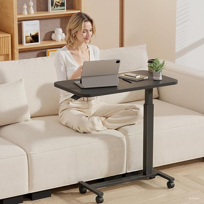 GTPLAYER Small Standing Desk with Lockable Wheels, Pneumatic Mobile Rolling Laptop Desk,Adjustable Height Overbed Bedside Table Computer Workstation for Home Office (28" W x 16" D, Black)