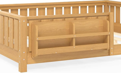 Bellemave Full Floor Bed with Slats and Rails, Full Size Montessori Floor Bed with Bookcase and Fence, Easy Assemble Montessori Beds for Girls, Boys, Deep Natural Floor Beds