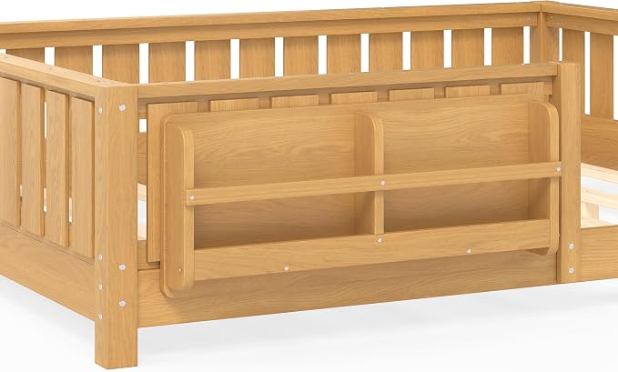 Bellemave Full Size Floor Bed with high Rails and with Built-in Bookshelf for Kids, Girls, Boys, Wood Montessori Floor Bed Without Door, Light Natural