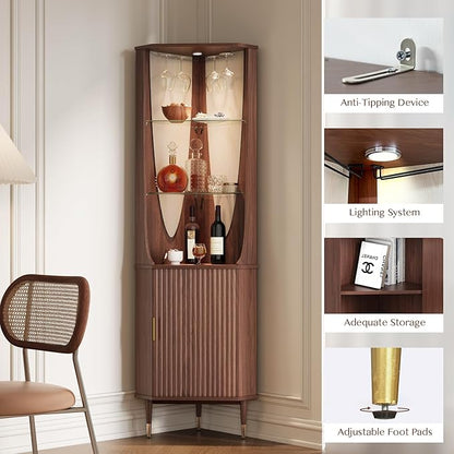 JOINICE Tall Corner Bar Cabinet for Liquor,Mid-Century Modern,Walnut,70" | Fluted Cabinet Door,Glass Shelves,Wine Cabinet for Living Room, Kitchen,Dining Room,Easy Assembly,Fit for Small Apartment