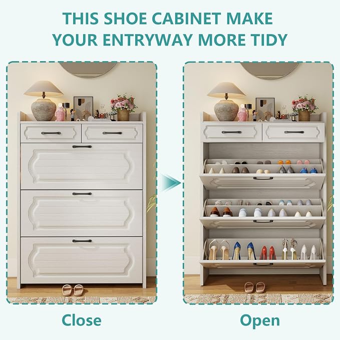 Shoe Cabinet with 3 Large Flip Drawers and 2 Storage Drawers, Narrow Shoe Organizer Cabinet Fits for Kinds of Shoes, Slim Shoe Storage Cabinet for Entryway, Hallway, Light White