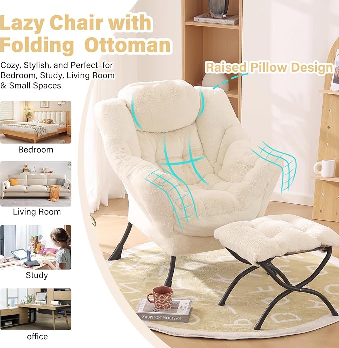 Furlide Lazy Chair with Ottoman, Modern Accent Chair with Armrests and a Side Pocket, Plush Beige Accent Chairs, Reading Chairs, Oversized Armchairs for Bedroom, Study, Living Room, Courtyard