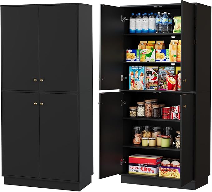 Garvee Kitchen Pantry Cabinet, 68'' Pantry Storage Cabinet with 4 Doors and 4 Adjustable Shelves, Wooden Freestanding Cupboard for Kitchen, Dining Room and Living Room, Black