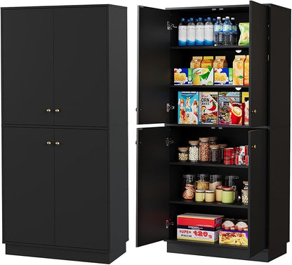 Garvee Kitchen Pantry Cabinet, 68'' Pantry Storage Cabinet with 4 Doors and 4 Adjustable Shelves, Wooden Freestanding Cupboard for Kitchen, Dining Room and Living Room, Black