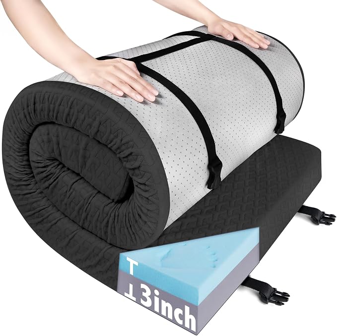 Memory Foam Camping Pad 3 Inch Thick, Soft Sleeping Pad with Waterproof Cover, Roll Up Cot Pad Topper for Travel Truck Bed Tent, Pad Only