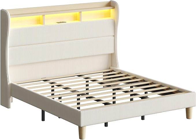 Bestier King Size Upholstered Wingback Bed Frame with 51” High Headboard Corduroy Fabric RGB LED Lights, Charging Station Dual Storage Shelves Modern Off White Platform Bed No Box Spring Needed