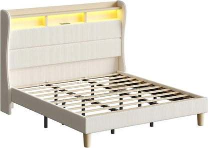Bestier King Size Upholstered Wingback Bed Frame with 51” High Headboard Corduroy Fabric RGB LED Lights, Charging Station Dual Storage Shelves Modern Off White Platform Bed No Box Spring Needed