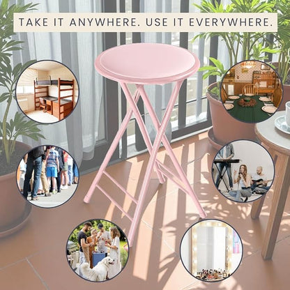 Lavish Home Folding Stool - Backless 24-Inch Stool with 225lb Capacity for Kitchen or Rec Room - Portable Indoor Counter Bar Stools (Pink)