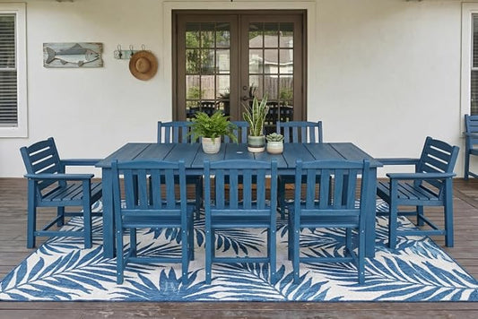 Perli™ 9-Piece Outdoor Dining Set, All-Weather HDPE Patio Furniture with 8 Ergonomic Chairs & Large Table, Built-in Umbrella Hole, UV-Resistant Set for Backyard, Deck, Poolside, Blue