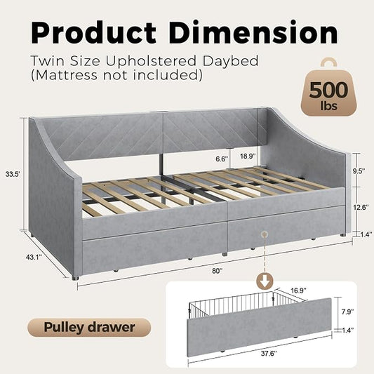 Twin Size Daybed with 2 Storage Drawers, Upholstered Daybed Frame with Charging Station, Heavy Duty Sofa Bed for Bedroom, Living Room, No Box Spring Needed,Easy Assembly