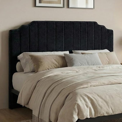 King Headboard Only - Black Velvet Upholstered Headboard for Bed, No Assembly Required, Pure Sponge Design, Comfort Head Board, Place Between Bed & Wall, Vertical Stripe with Stepped Crown Top Edge