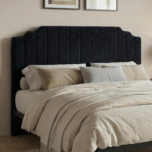King Headboard Only - Black Velvet Upholstered Headboard for Bed, No Assembly Required, Pure Sponge Design, Comfort Head Board, Place Between Bed & Wall, Vertical Stripe with Stepped Crown Top Edge