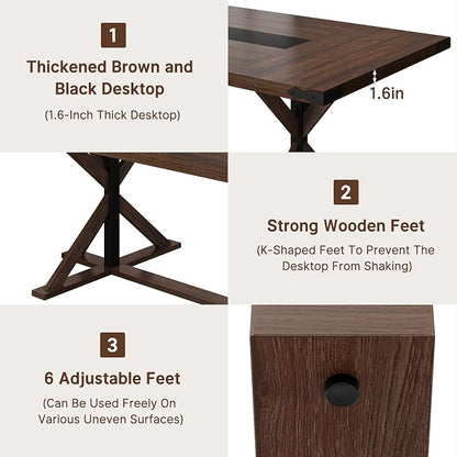Hlivelood 94" Large Dining Table for 10 People, Rectangular Kitchen Farmhouse Table W/Thickness Waterproof Wood Tabletop,Long Dining Room Tables W/Wood Strip Base for Kitchen Living Room(238CM Brown)