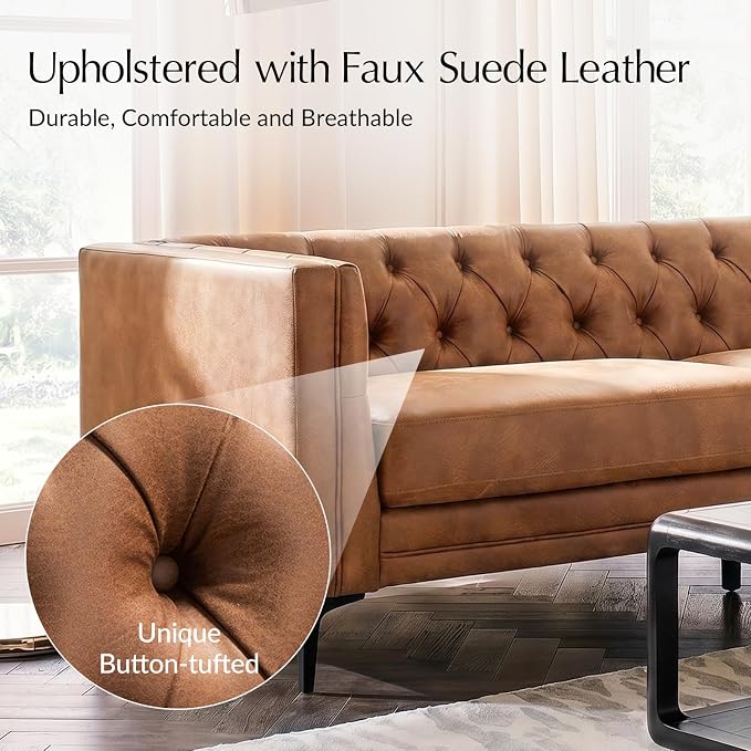 HULALA HOME 84" W Faux Leather Sofa Couch with Metal Legs, Button-Tufted 3-Seater Sofa, Mid Century Modern Upholstered Couch for Living Room, Entertainment Area, Apartment,Camel