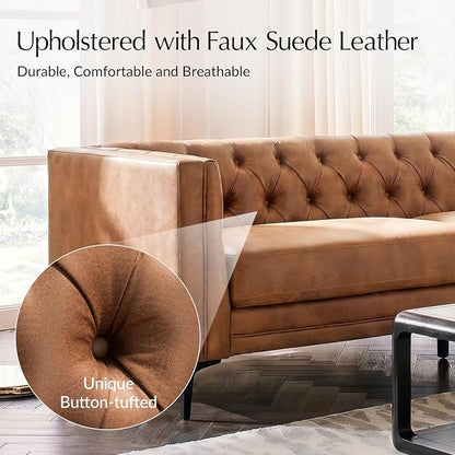 HULALA HOME 84" W Faux Leather Sofa Couch with Metal Legs, Button-Tufted 3-Seater Sofa, Mid Century Modern Upholstered Couch for Living Room, Entertainment Area, Apartment,Camel