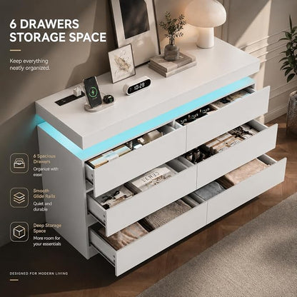 6 Drawer Dresser with LED Lights & Charging Station, Modern Floating White Dresser for Bedroom, Smart Storage Chest with 2 AC Outlets & USB Ports for Living Room, Closet, Entryway