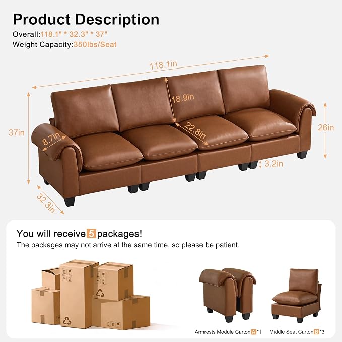 118" Faux Leather Modular Sectional Upholstered Sofa, Oversized 4 Seater Couch with Curved Armrests, Cloud Modern Upholstered Deep Seat Sofa for Living Room, Brown