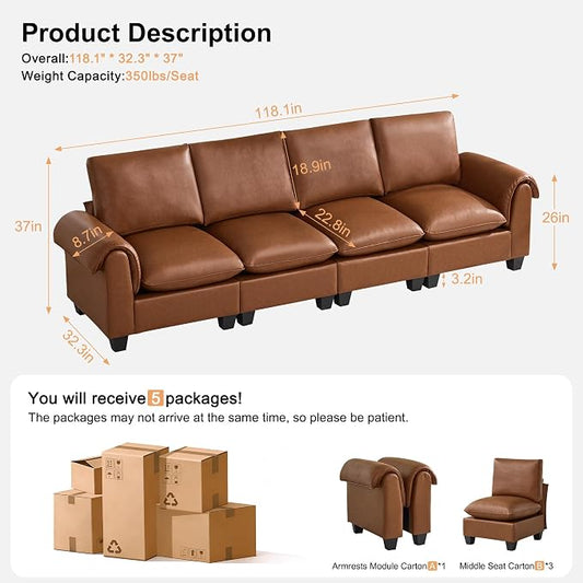 118" Faux Leather Modular Sectional Upholstered Sofa, Oversized 4 Seater Couch with Curved Armrests, Cloud Modern Upholstered Deep Seat Sofa for Living Room, Brown