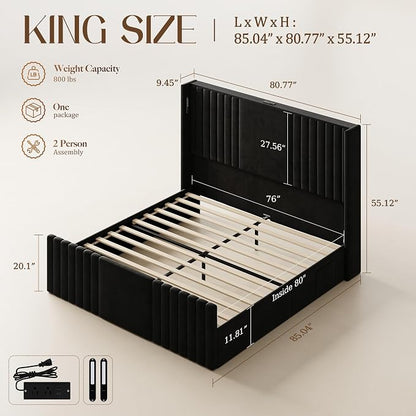 King Size Bed Frame with 55.1" Tall Headboard, Velvet Upholstered Platform Bed with Channel Tufted Wingback, 2 Reading Lights/Storage Shelf/Charging Station/Easy Assembly/Noise-Free, Black