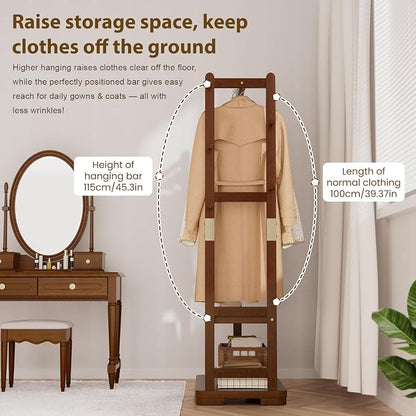 Taitiy Coat Rack Solid Wood Clothes Rack with 2 Shelves & 5 Hooks for Hanging Clothes Garment Wallets Hats, Clothing Rack Coat Rack Freestanding Hall Tree with Storage for Hallway Bedroom Living Room