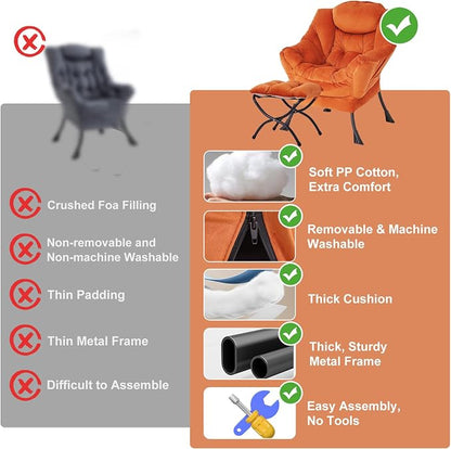 Furlide Lazy Chair with Ottoman, Modern Accent Chair with Armrests and a Side Pocket, Velvet Orange Accent Chairs, Reading Chairs, Oversized Armchairs for Bedroom, Study, Living Room, Courtyard