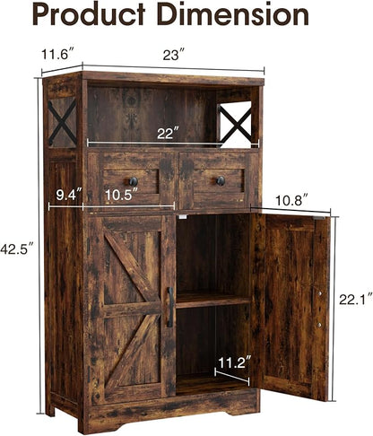 Rustic Brown Farmhouse Storage Cabinet Set of 2, Small Kitchen Pantry Cabinet with Drawers and Adjustable Shelves, Sideboard Buffet Coffee Bar Cabinet for Living Room/Dining Room/Bathroom/Home Office