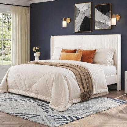 AMERLIFE Queen Bed Frame, Upholstered Platform Bed with Corduroy Headboard, Easy Assembly Modern White Bed Frame with Wooden Slats Support, No Box Spring Needed, Cream