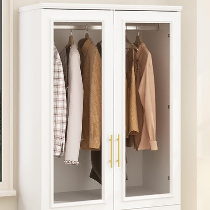 Timechee Almirah for Clothes, 74.8" Tall Bedroom Closet Storage Cabinet with Tempered Glass Doors and Shelves, Hanging Rod, White Standing Wardrobe Armoire Clothes Closet with Drawers for Bedroom
