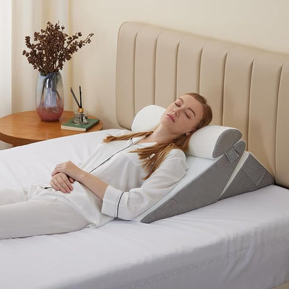 Wedge Pillow Headboard, 3PCS Orthopedic Bed Wedge Pillows Set for After Surgery, Adjustable Pillow Wedge for Acid Reflux&Back Pain Relief, Sleeping, Back Pillow for Bed Sitting Up, White/Grey