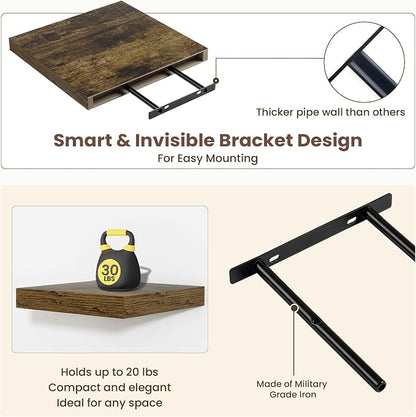Fun Memories Square Floating Shelves for Wall - 12 Inch Deep Floating Shelves with Invisible Brackets, Brown Small Wall Shelf for Living Room, Bathroom, Bedroom, and Kitchen Decor Set of 4